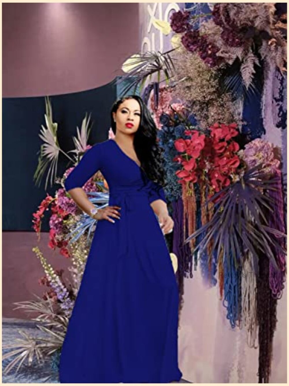 Plus Size Maxi Dress 3/4 Sleeve Wrap V-Neck Sundress with Pockets - Picture 4 of 6